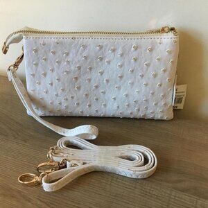 Ostrich Embossed White Clutch Wristlet has 2 Straps 3 Zipper Compartments NWT